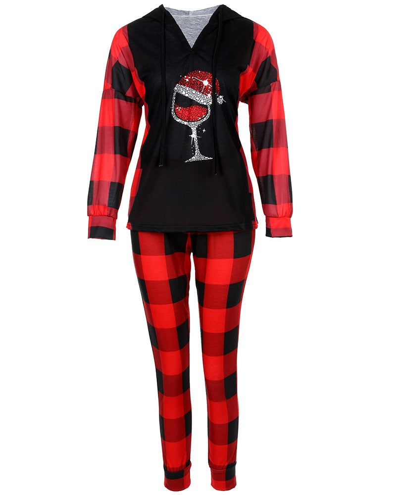 Christmas Women's Stylish Wine Glass Plaid Long Sleeve Hoodies