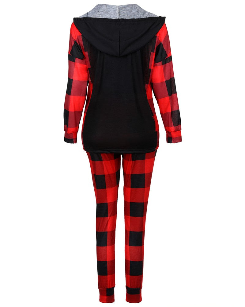 Christmas Women's Stylish Wine Glass Plaid Long Sleeve Hoodies