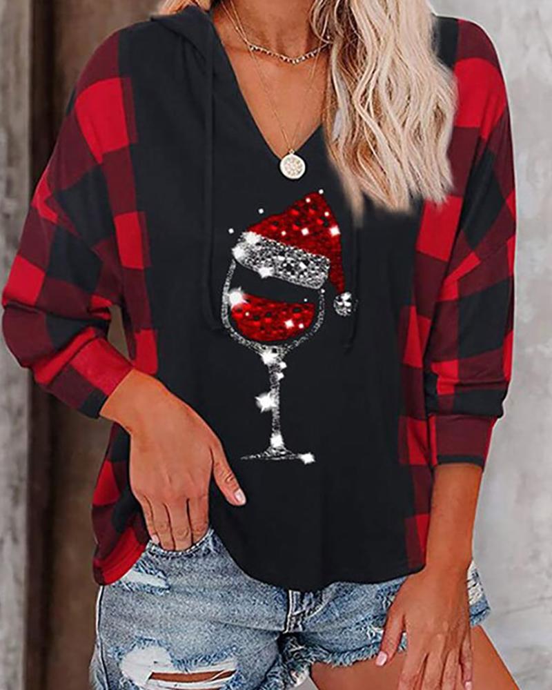 Christmas Women's Stylish Wine Glass Plaid Long Sleeve Hoodies