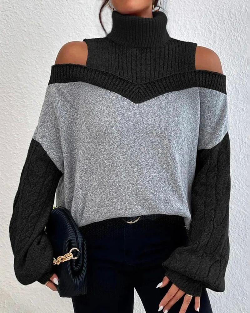 Colorblock Cold Shoulder Lantern Sleeve Sweaters