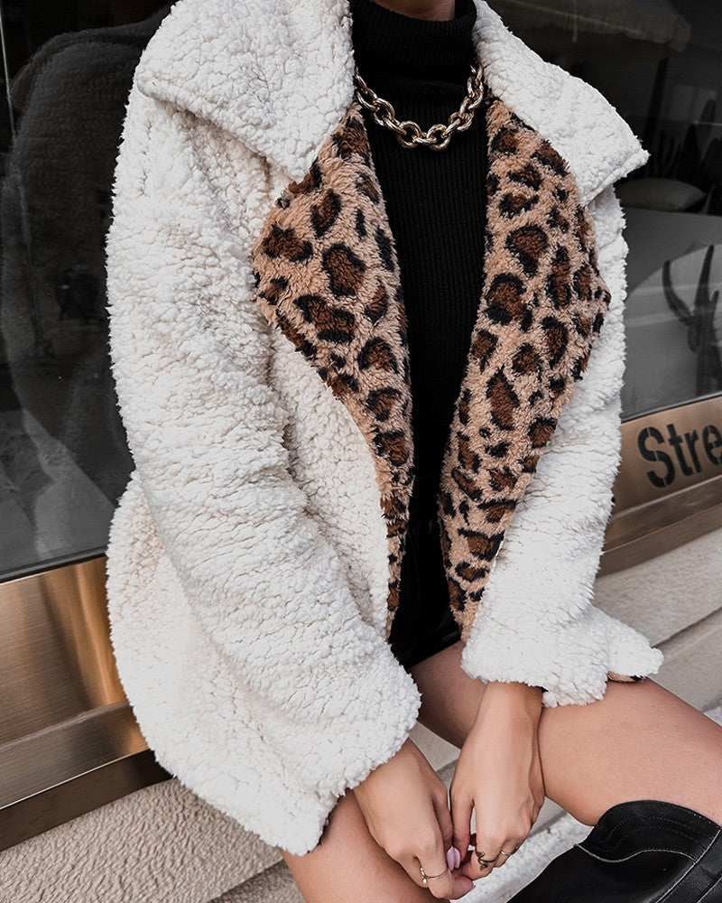 Contrast Leopard Double Breasted Teddy Coat
