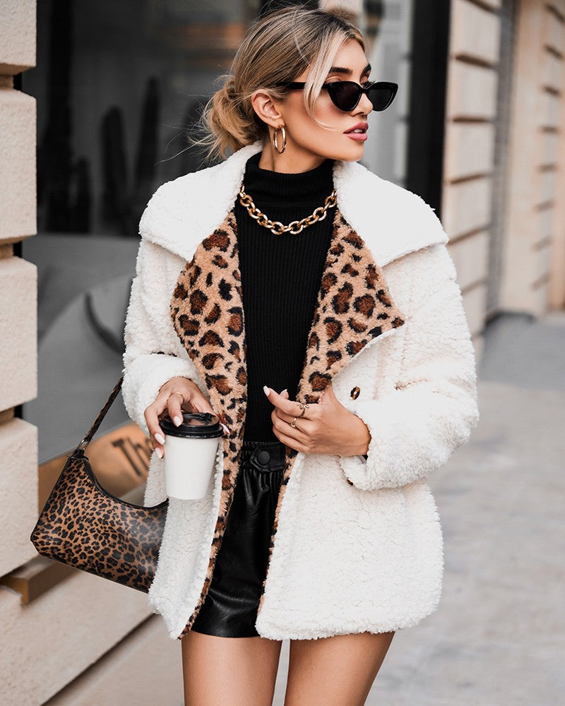 Contrast Leopard Double Breasted Teddy Coat