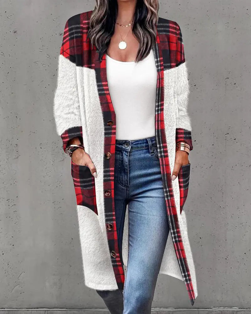 Contrast Plaid Button Front Fluffy Longline Coat