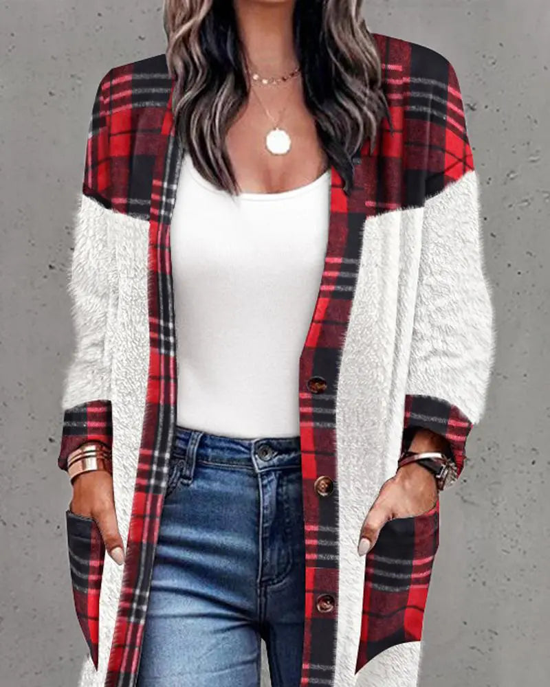 Contrast Plaid Button Front Fluffy Longline Coat