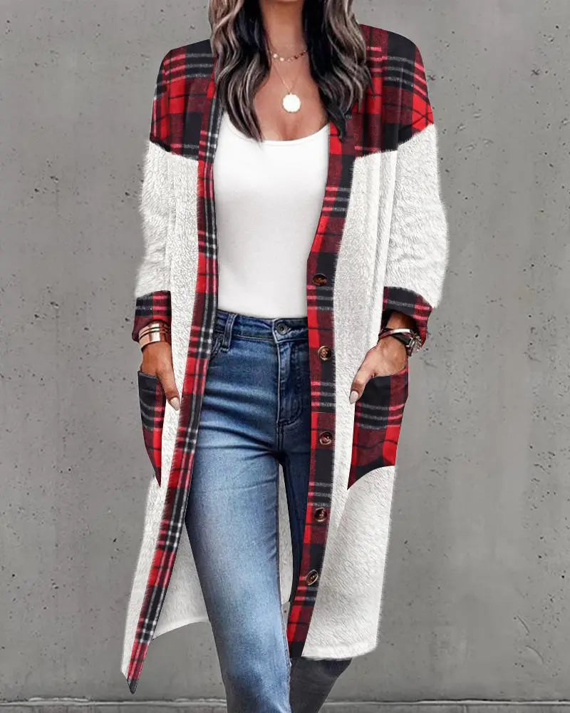 Contrast Plaid Button Front Fluffy Longline Coat