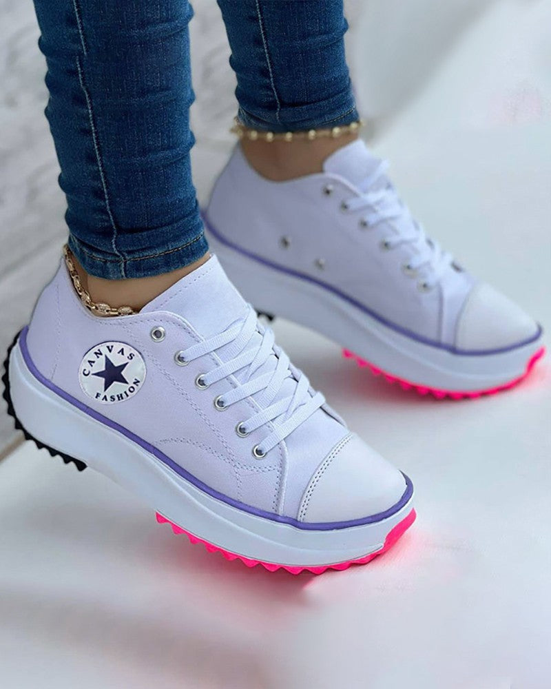 Eyelet Lace-up Flatform Canvas Shoes