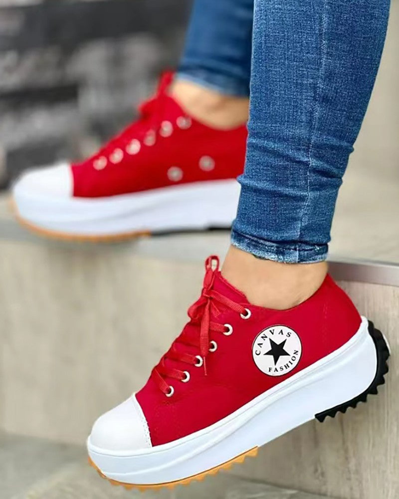 Eyelet Lace-up Flatform Canvas Shoes