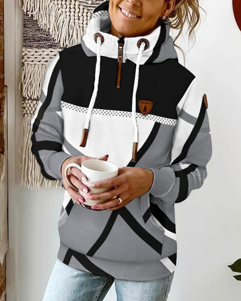 Geometric Print Long Sleeve Drawstring Hoodies