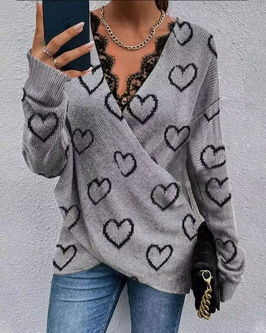 Heart Contrast Lace Long Sleeve Wrap Sweater