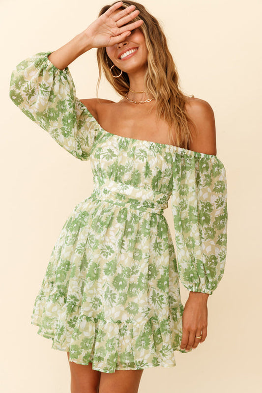 Charlotte Off-Shoulder Tie-Up Back Dress Floral Print Green