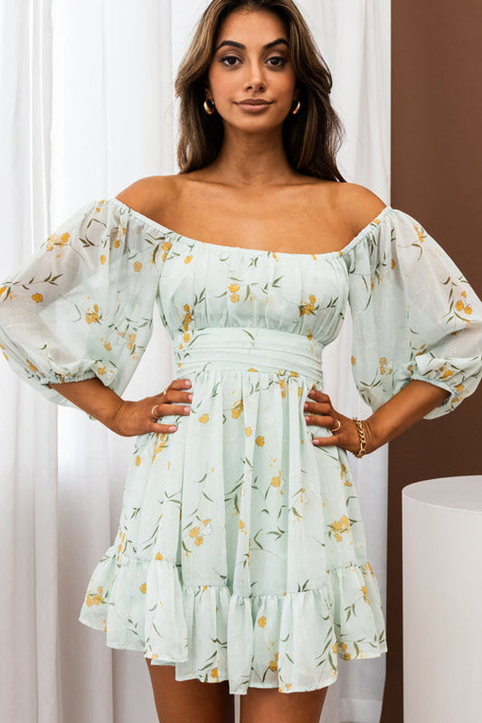 Charlotte Off-Shoulder Tie-Up Back Dress Floral Print Mint