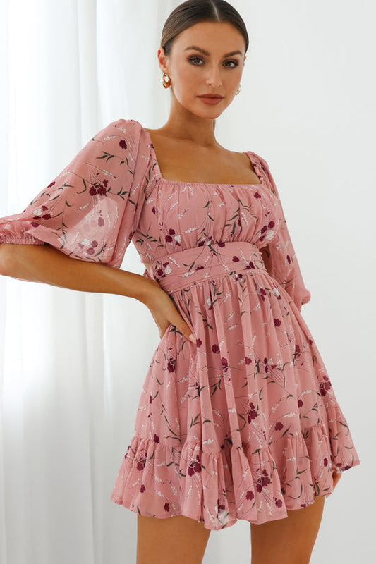 Charlotte Off-Shoulder Tie-Up Back Dress Floral Print Rose