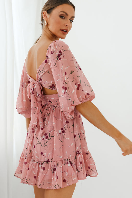 Charlotte Off-Shoulder Tie-Up Back Dress Floral Print Rose