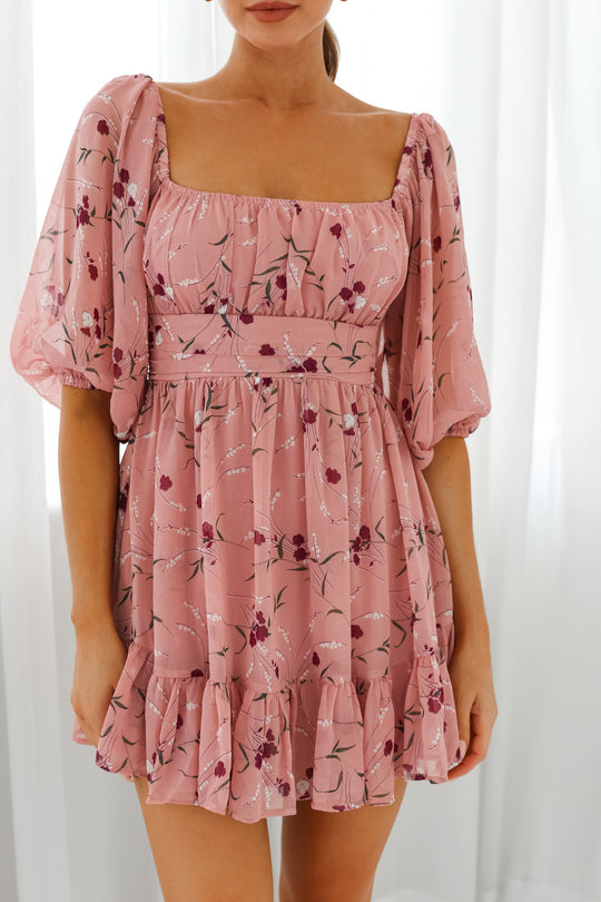 Charlotte Off-Shoulder Tie-Up Back Dress Floral Print Rose