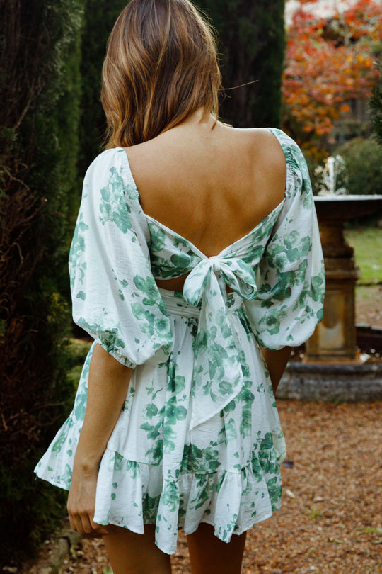 Charlotte Off-Shoulder Tie-Up Back Dress Watercolor Floral Print White/Olive