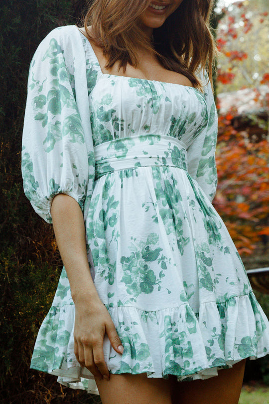 Charlotte Off-Shoulder Tie-Up Back Dress Watercolor Floral Print White/Olive