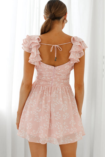 Charlotte Ruffle Shoulder Ruched Dress Leaf Print Pink