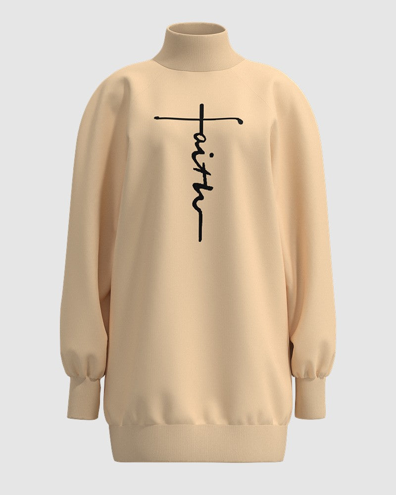 Women's Letter Print High Neck Long Sleeve Casual Dress