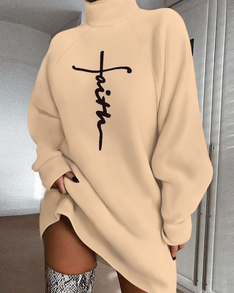 Women's Letter Print High Neck Long Sleeve Casual Dress