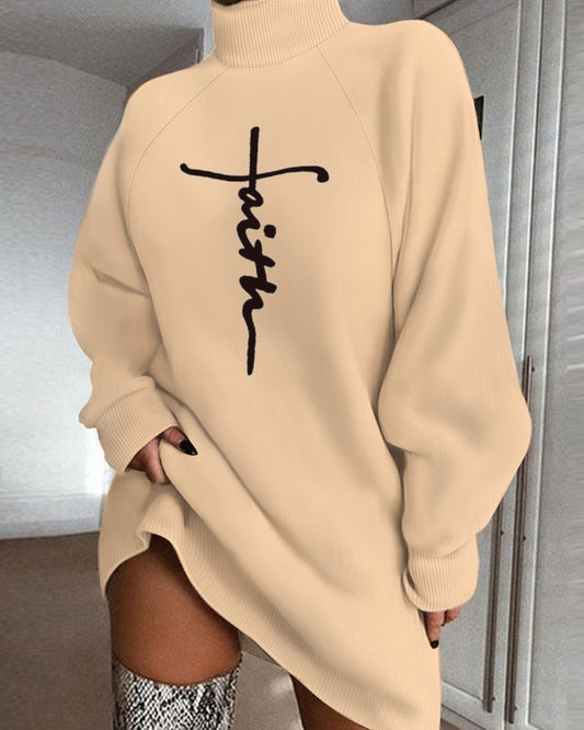 Women's Letter Print High Neck Long Sleeve Casual Dress