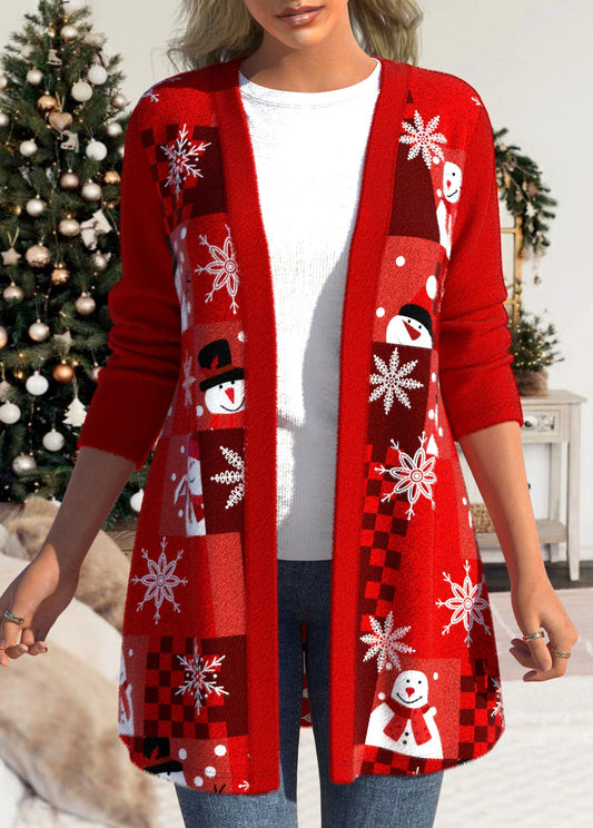 Long Sleeve Red Patchwork Christmas Snowman Print Coat