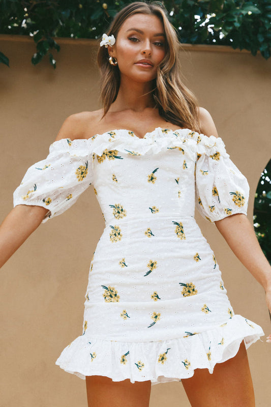 Charlotte Off-Shoulder Frill Trim Embroidery Dress Floral Print Yellow