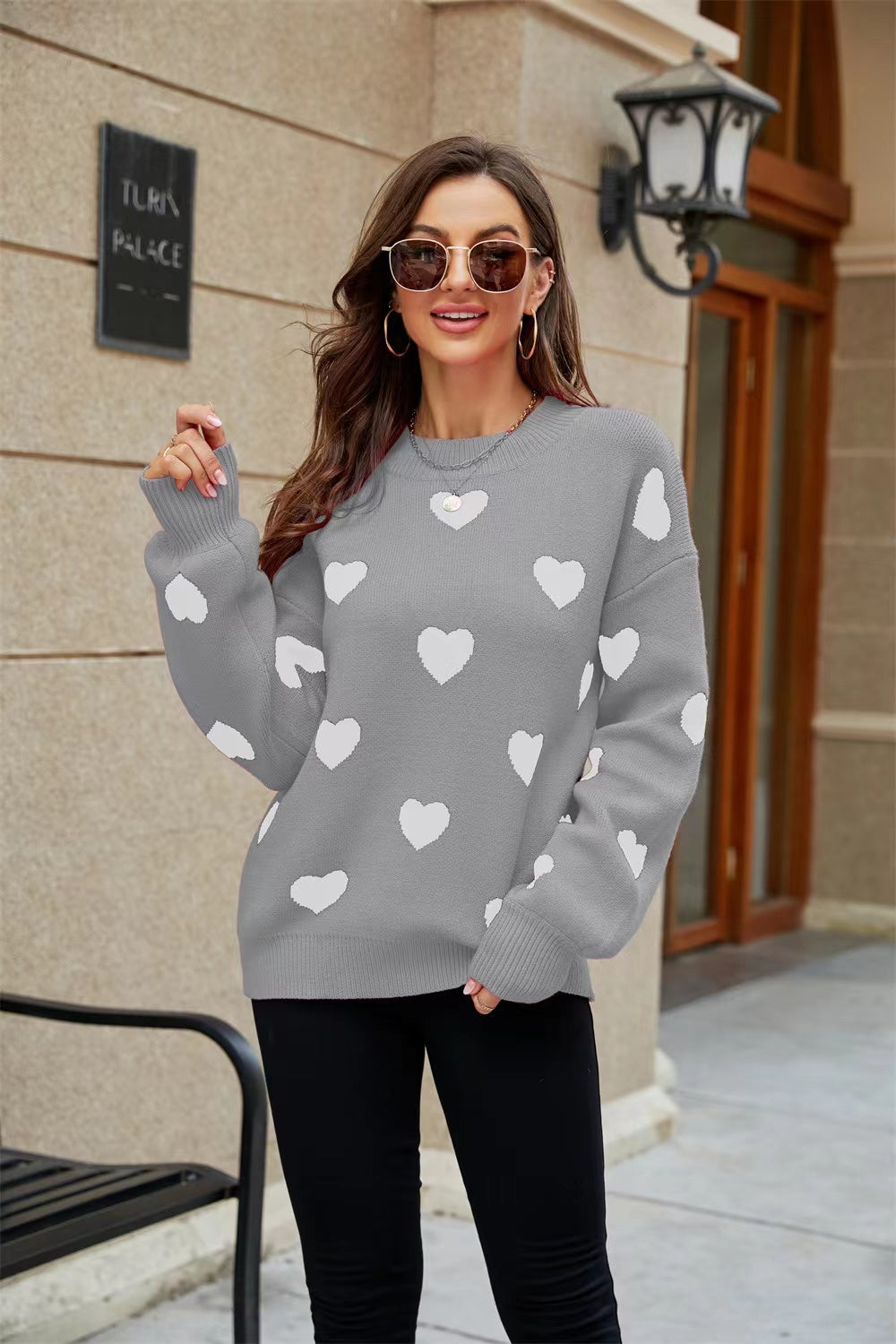 Valentine's Day Heart Print Lantern Sleeve Sweater For Women