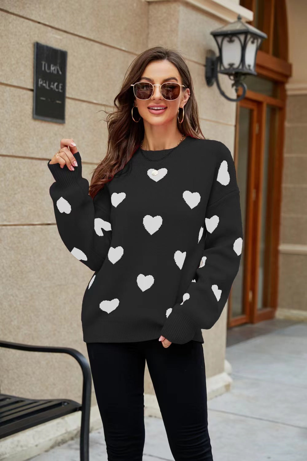 Valentine's Day Heart Print Lantern Sleeve Sweater For Women