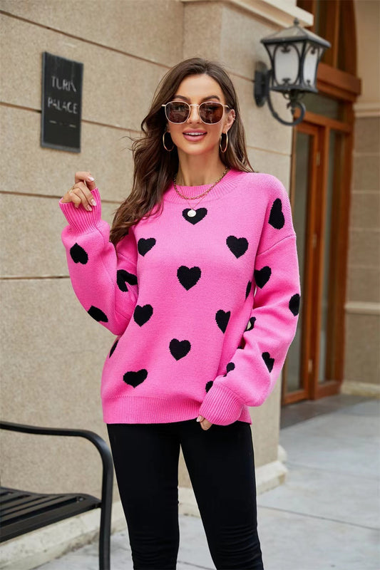 Valentine's Day Heart Print Lantern Sleeve Sweater For Women