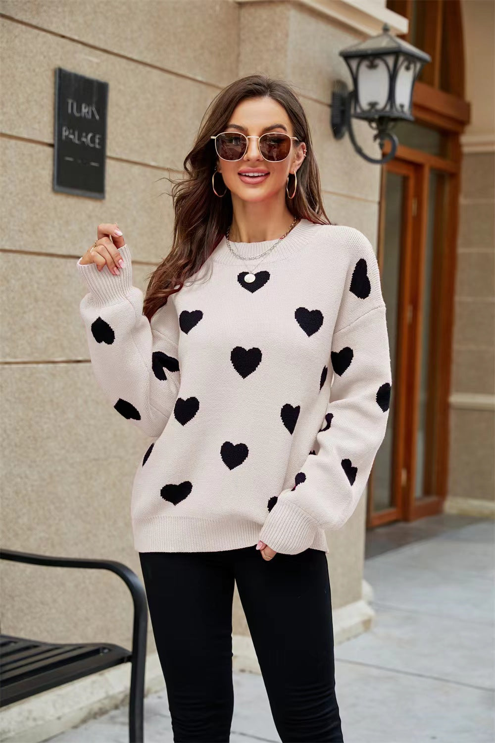 Valentine's Day Heart Print Lantern Sleeve Sweater For Women