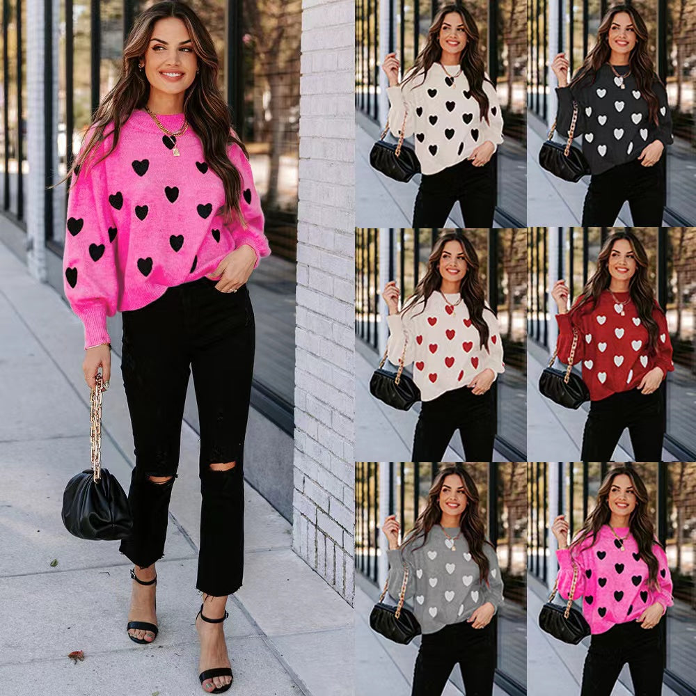 Valentine's Day Heart Print Lantern Sleeve Sweater For Women