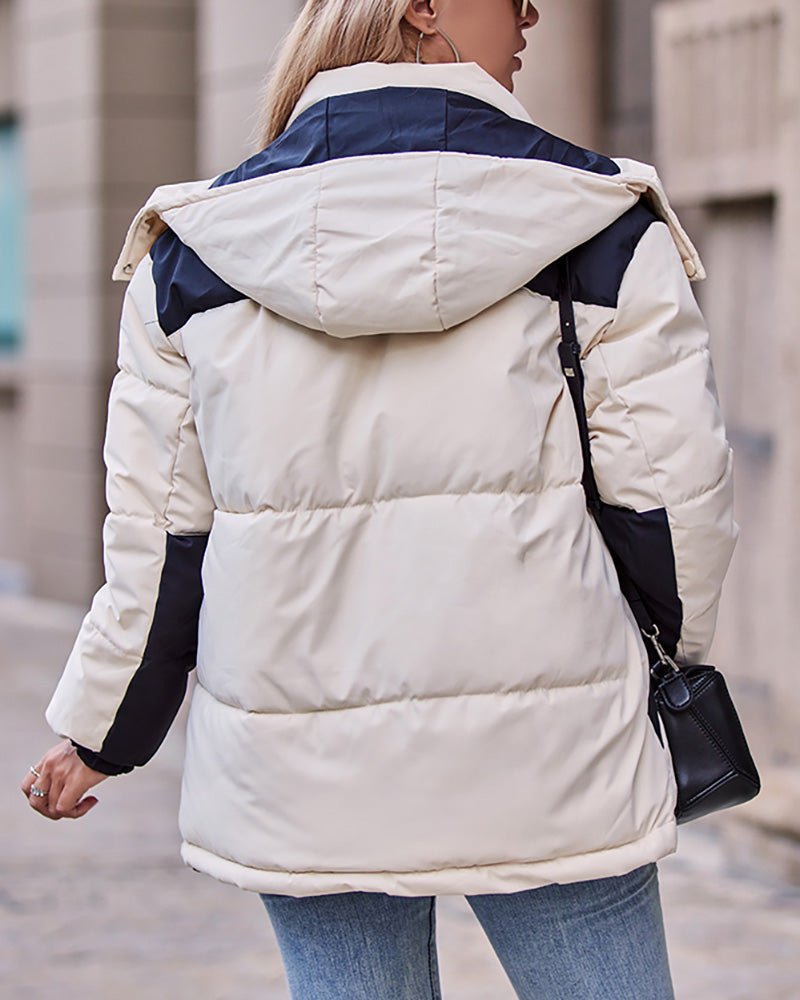 Women's Contrast Paneled Pocket Design Hooded Puffer Coat
