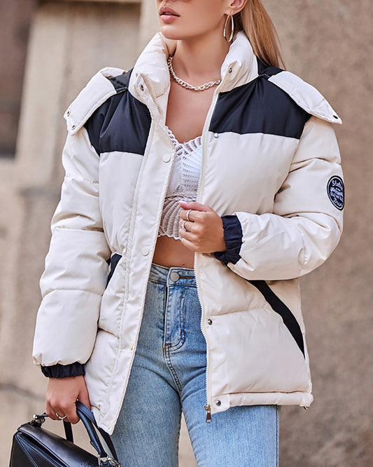 Women's Contrast Paneled Pocket Design Hooded Puffer Coat