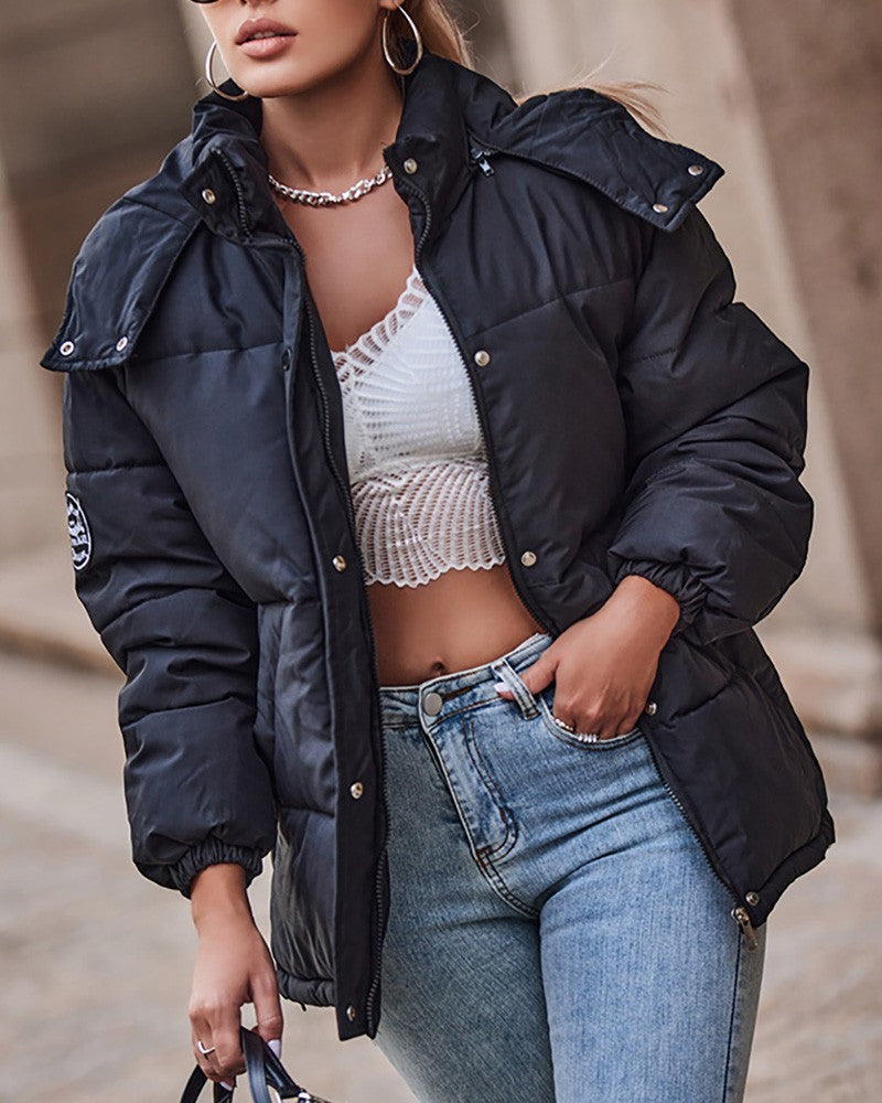 Women's Contrast Paneled Pocket Design Hooded Puffer Coat