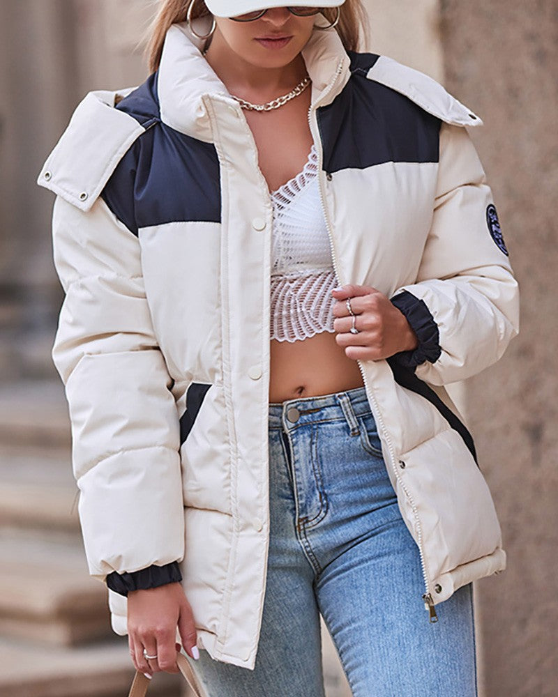 Women's Contrast Paneled Pocket Design Hooded Puffer Coat