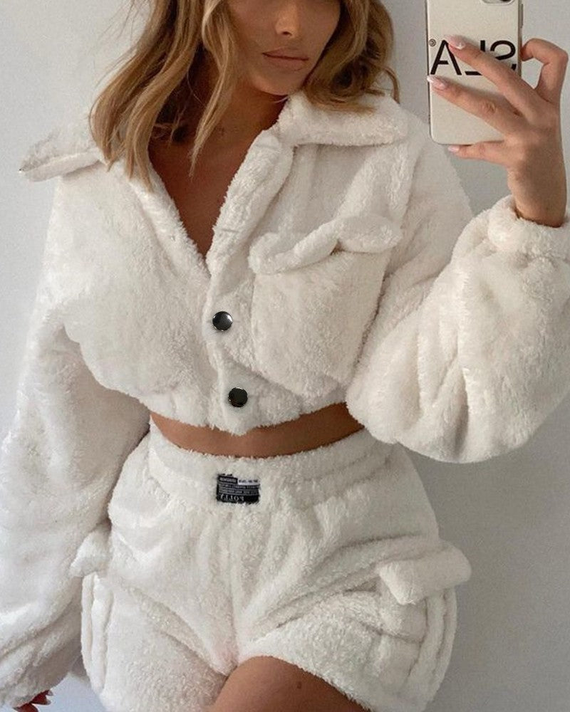 Women's Fashion Long Sleeve Button Design Fluffy Crop Coat