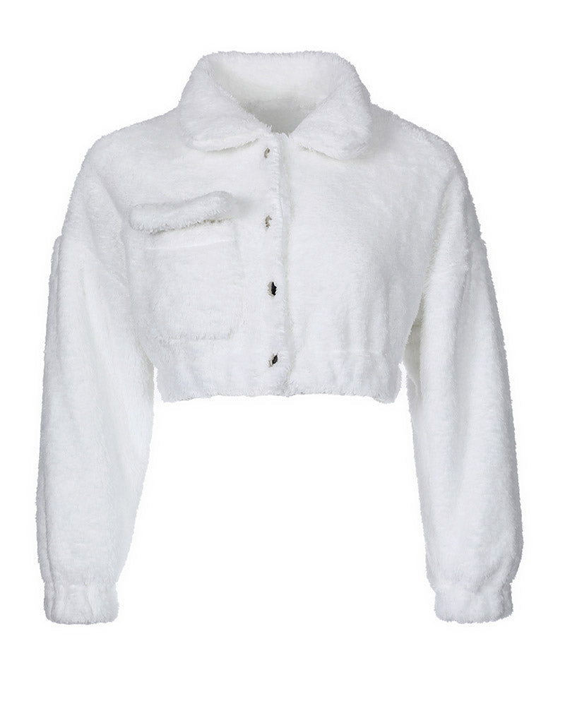 Women's Fashion Long Sleeve Button Design Fluffy Crop Coat