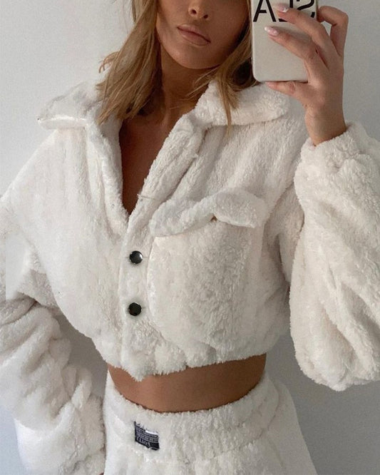 Women's Fashion Long Sleeve Button Design Fluffy Crop Coat