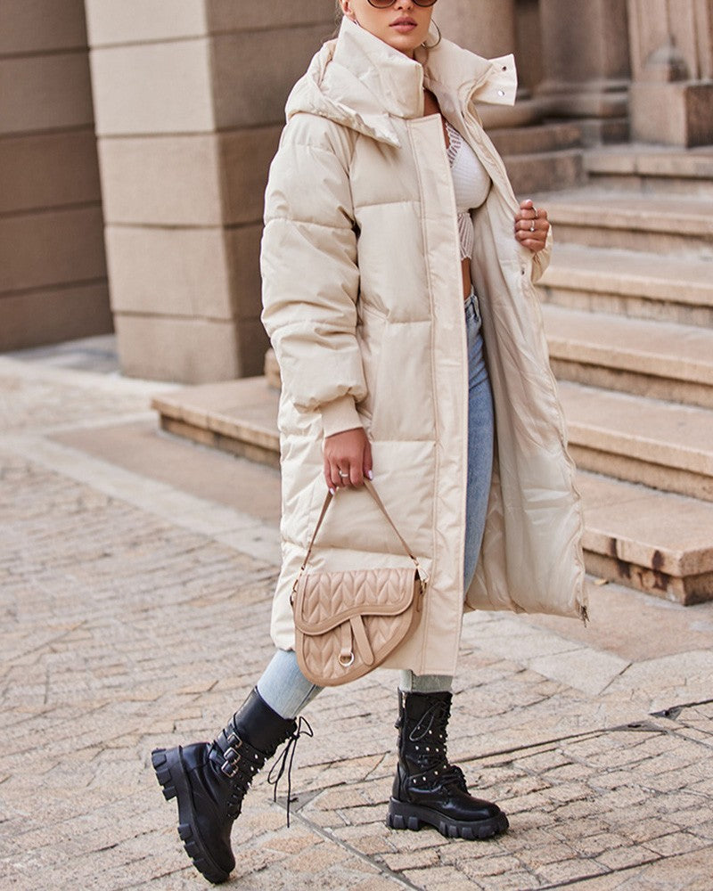 Women's Fashion Pocket Design Hooded Quilted Puffer Coat