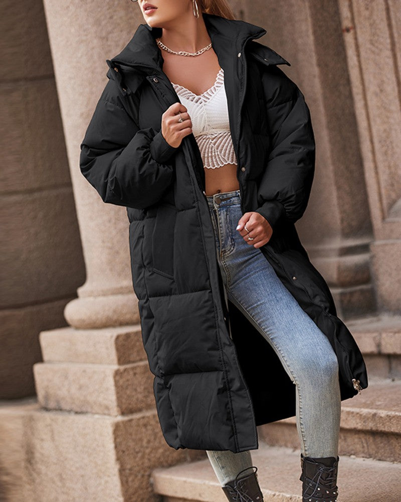 Women's Fashion Pocket Design Hooded Quilted Puffer Coat