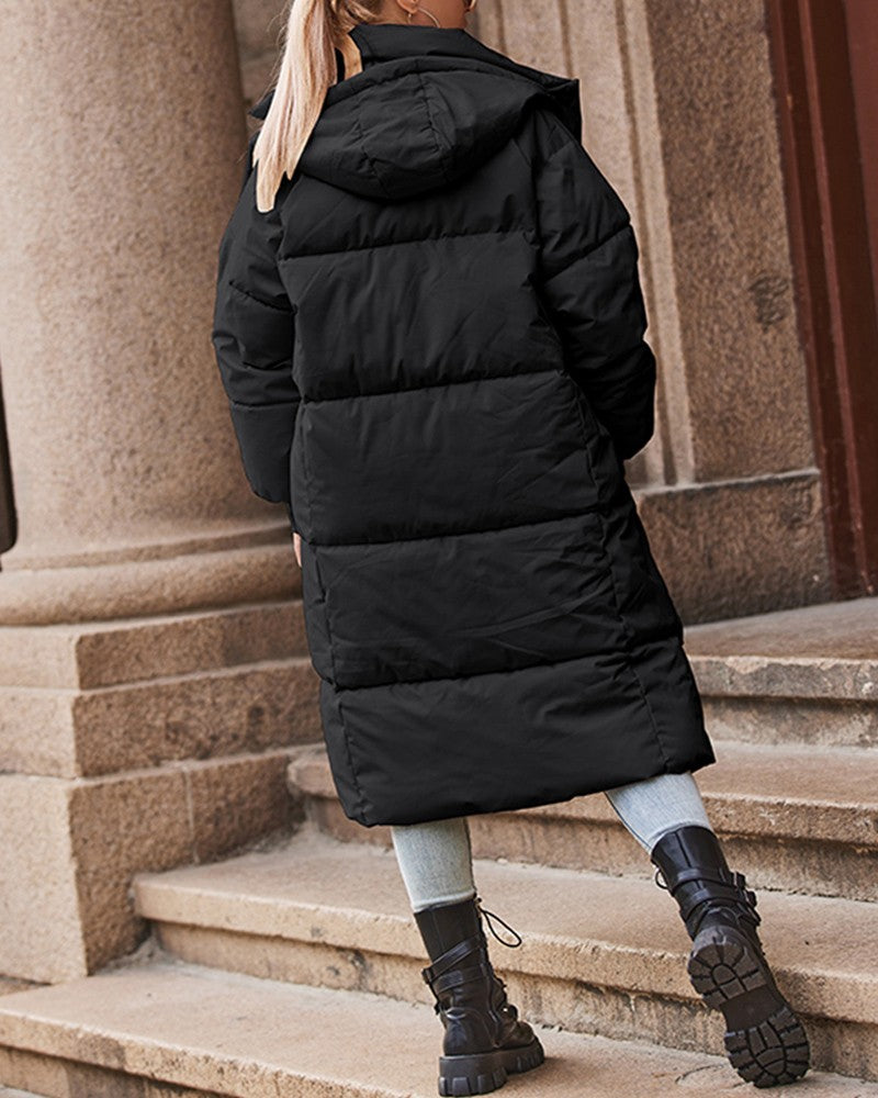 Women's Fashion Pocket Design Hooded Quilted Puffer Coat