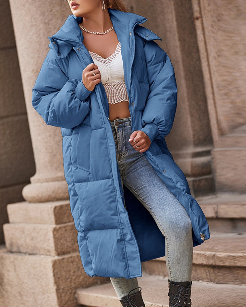 Women's Fashion Pocket Design Hooded Quilted Puffer Coat