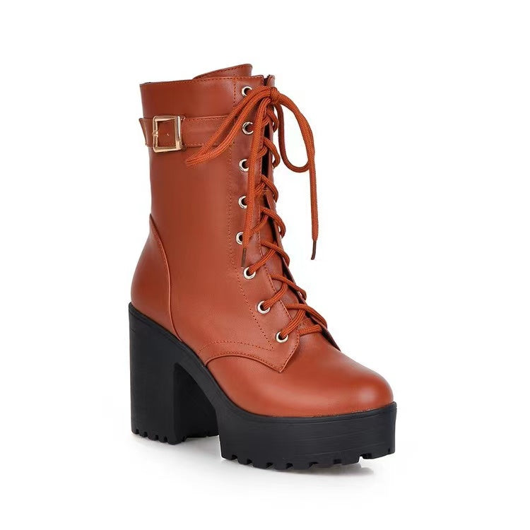 Women's Lace-up Ankle Boots Martin Waterproof High Heels