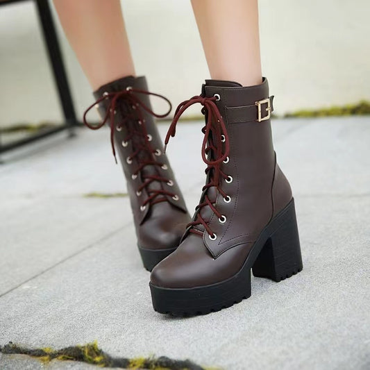 Women's Lace-up Ankle Boots Martin Waterproof High Heels