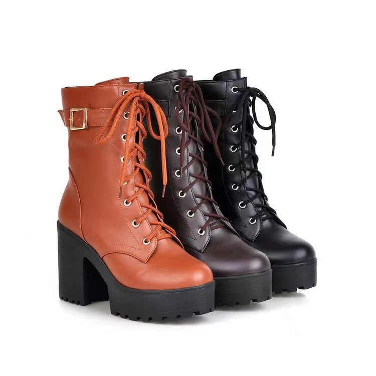 Women's Lace-up Ankle Boots Martin Waterproof High Heels