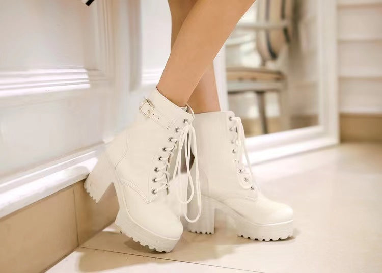 Women's Lace-up Ankle Boots Martin Waterproof High Heels