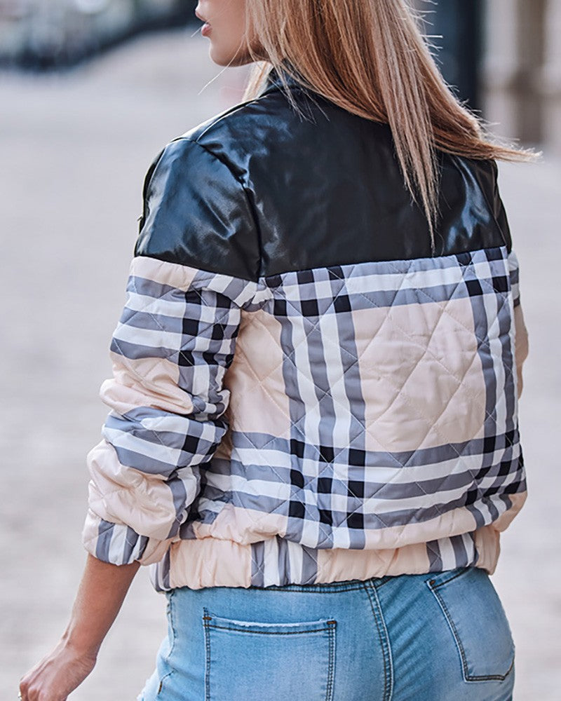 Women's Plaid Print PU Leather Patch Zipper Up Puffer Jacket