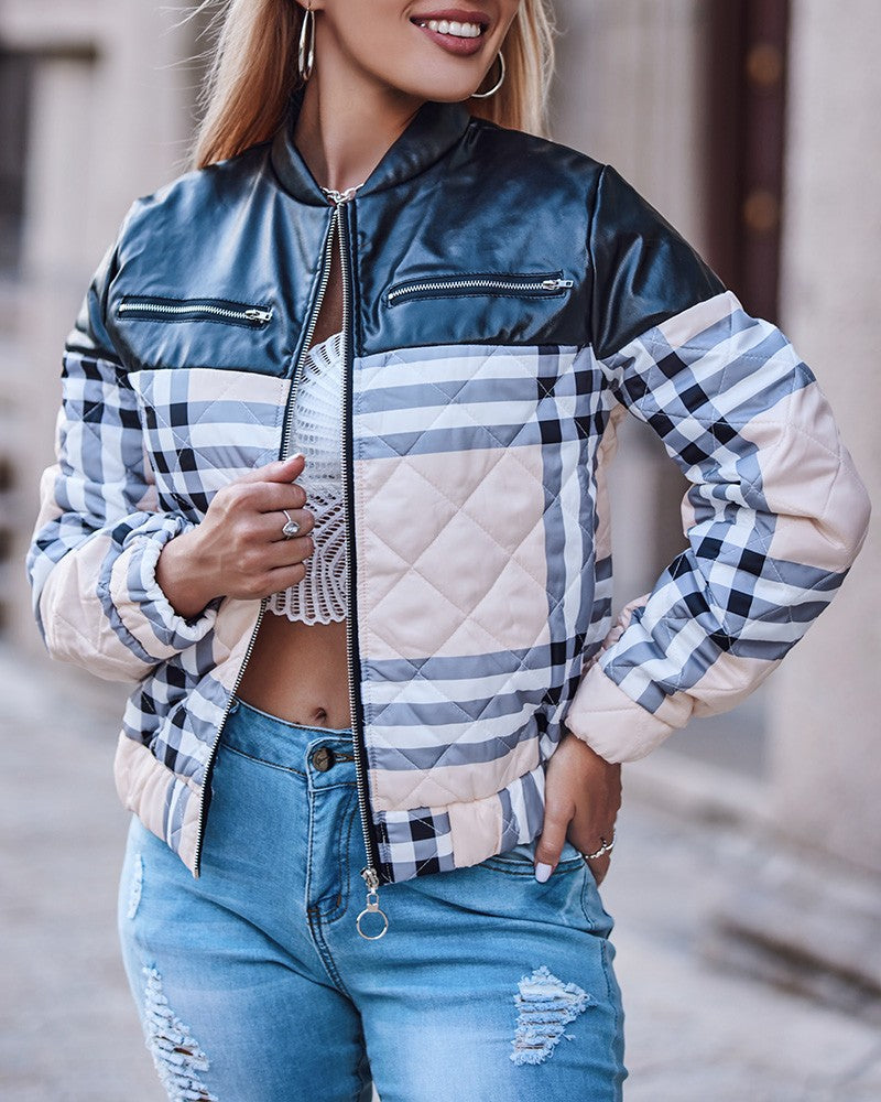 Women's Plaid Print PU Leather Patch Zipper Up Puffer Jacket