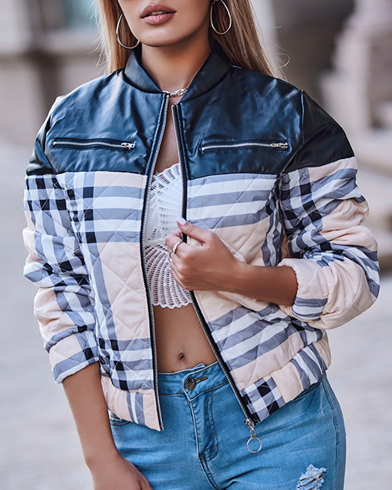 Women's Plaid Print PU Leather Patch Zipper Up Puffer Jacket