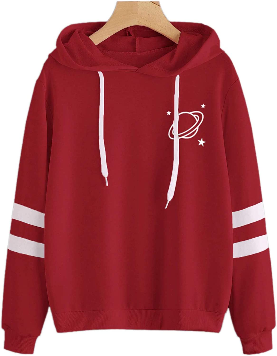 Women's Planet Print Striped Drawstring Pullover Sweatshirt Hoodies